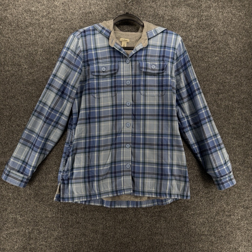 LL Bean Shirt Jacket Womens S Blue‎ Plaid Button Up Lined Hoodie Outdoor Grunge